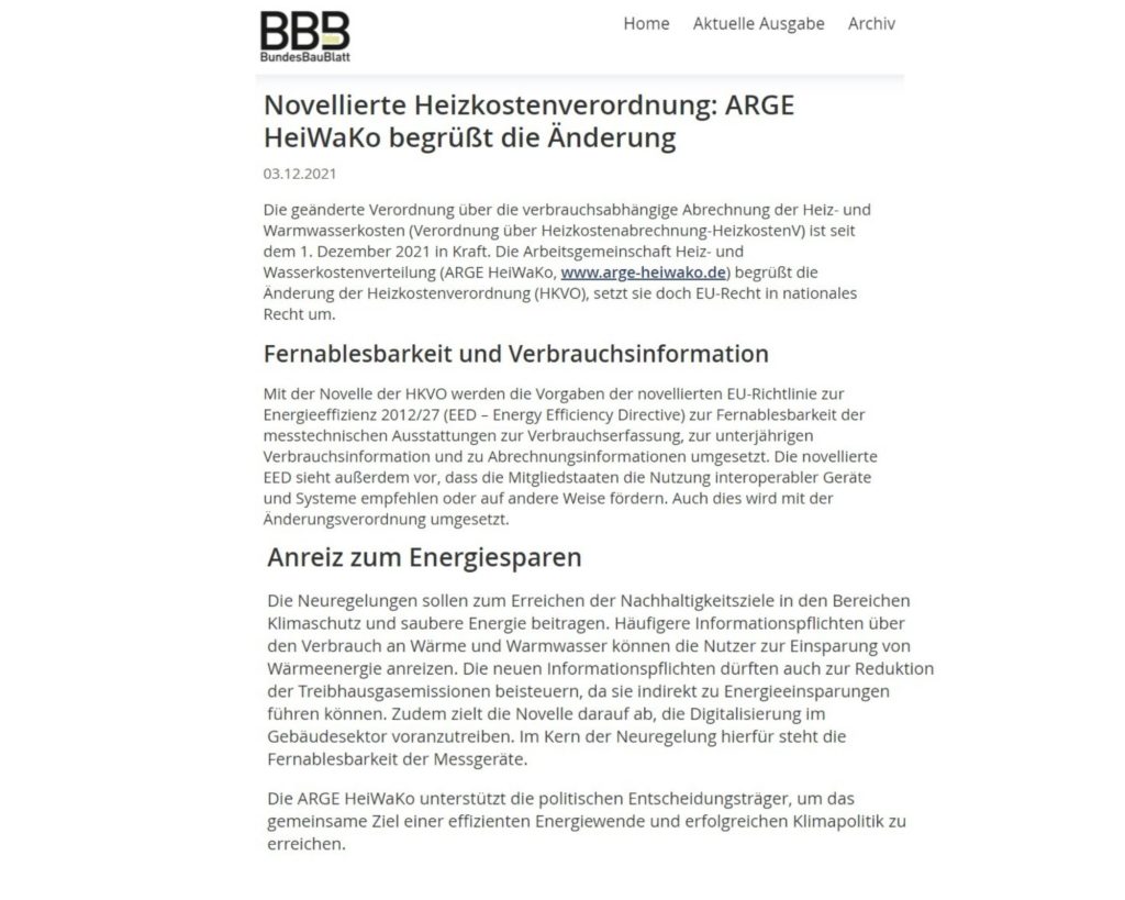 BundesBauBlatt mit Artikel der ARGE HeiWaKo über Novelle der Heizkostenverordnung